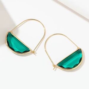 Anthropologie Dark Green Glass Crescent Hoop Gold Earrings